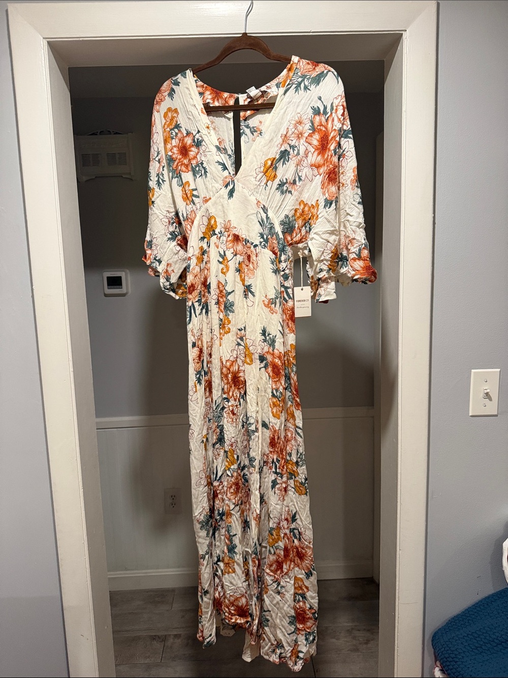 Makeup Forever Floral White Maxi Dress with Orange and Green Print